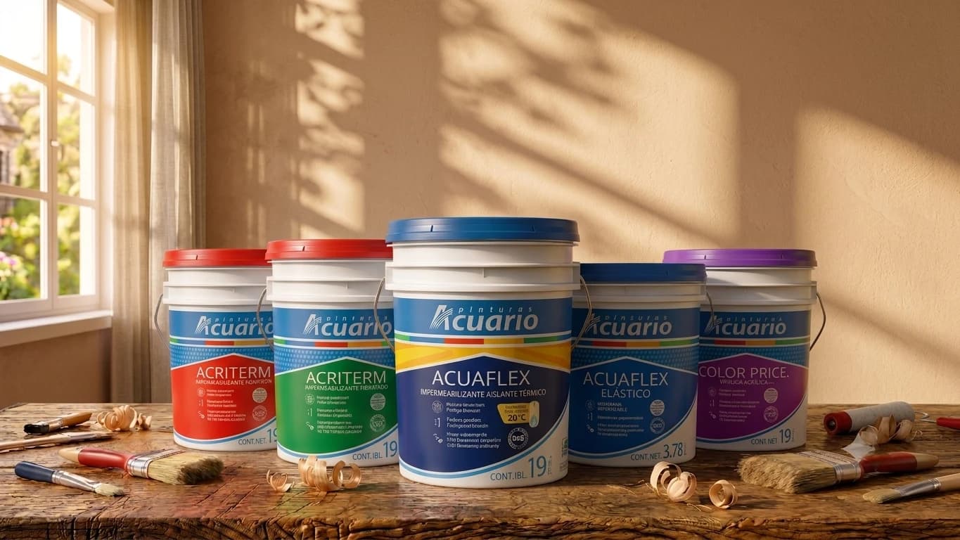 Cubetas de pinturas e impermeabilizantes Acuario sobre un mostrador de madera junto a una ventana
